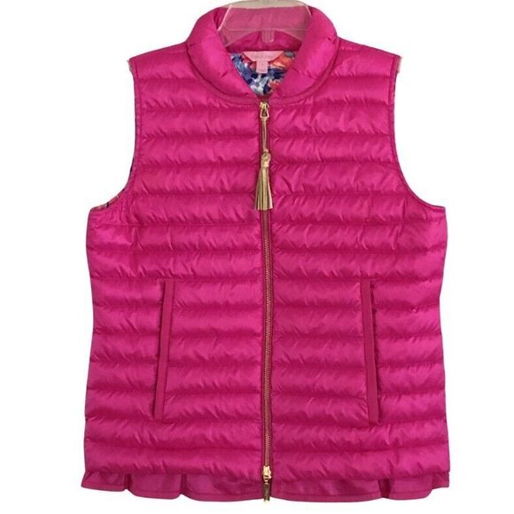 Lilly Pulitzer Cora Down Puffer Vest Womens Size S Pink Ruffle Tassel Zip Pull - Picture 3 of 14